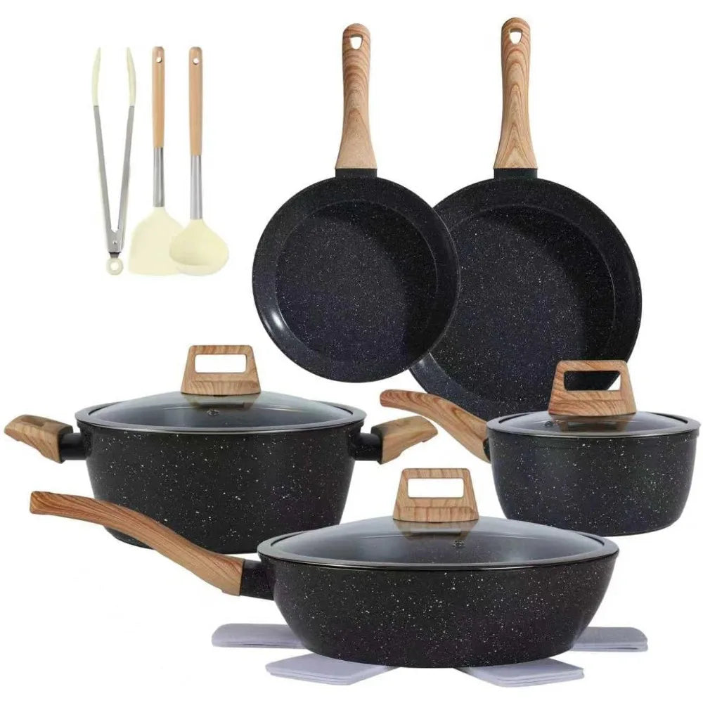 A set of 15 ceramic non-stick cookware items including spatulas and frying pans in black and natural wood.