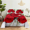 Red rose 3D digital print bedding set featuring large red roses on a white background