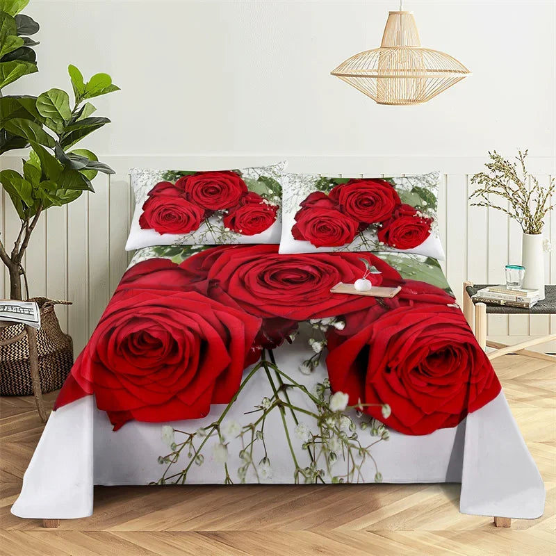 Red rose 3D digital print bedding set featuring large red roses on a white background
