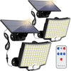 A set of solar powered motion sensor flood lights with detachable panels and remote control.