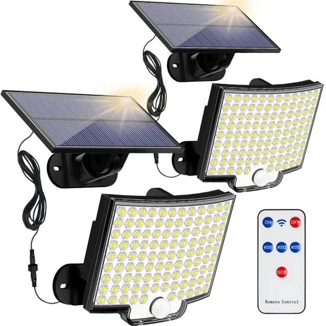A set of solar powered motion sensor flood lights with detachable panels and remote control.