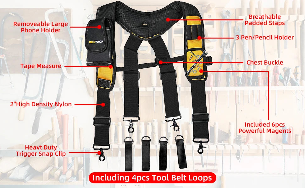 Heavy-Duty Padded Tool Belt Suspenders with Detachable Phone Holder