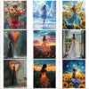 A collage of various artistic paintings featuring women, flowers, and nature scenes suitable for a diamond painting kit.
