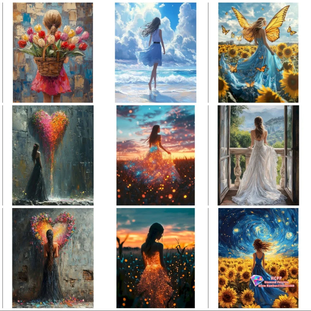 A collage of various artistic paintings featuring women, flowers, and nature scenes suitable for a diamond painting kit.