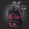 A black travel backpack with red and gray camouflage pattern, featuring a laptop sleeve and an external shoe compartment.