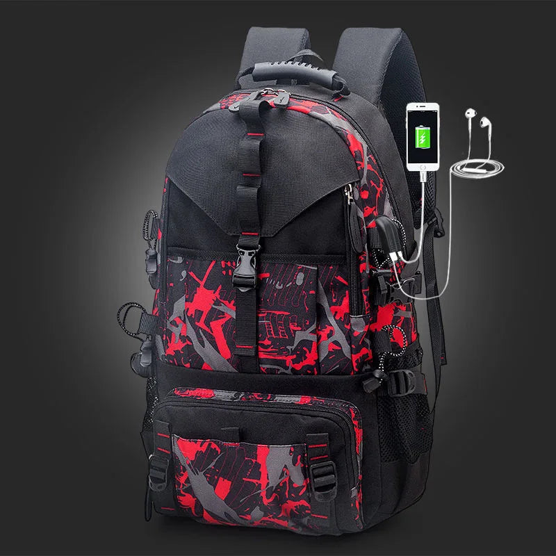 A black travel backpack with red and gray camouflage pattern, featuring a laptop sleeve and an external shoe compartment.