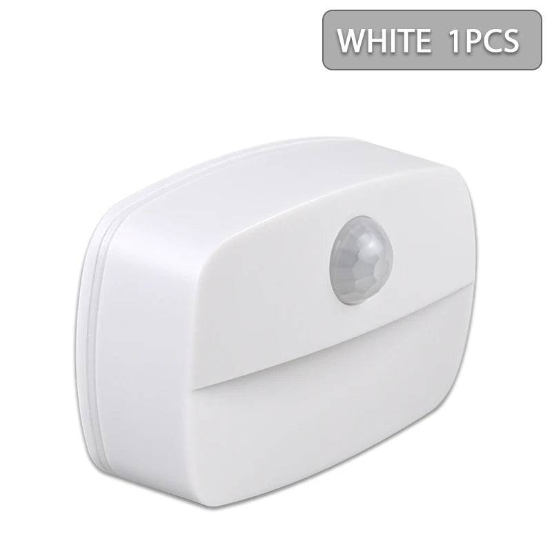 A white motion-sensor LED night light with a clear lens, shown from above.