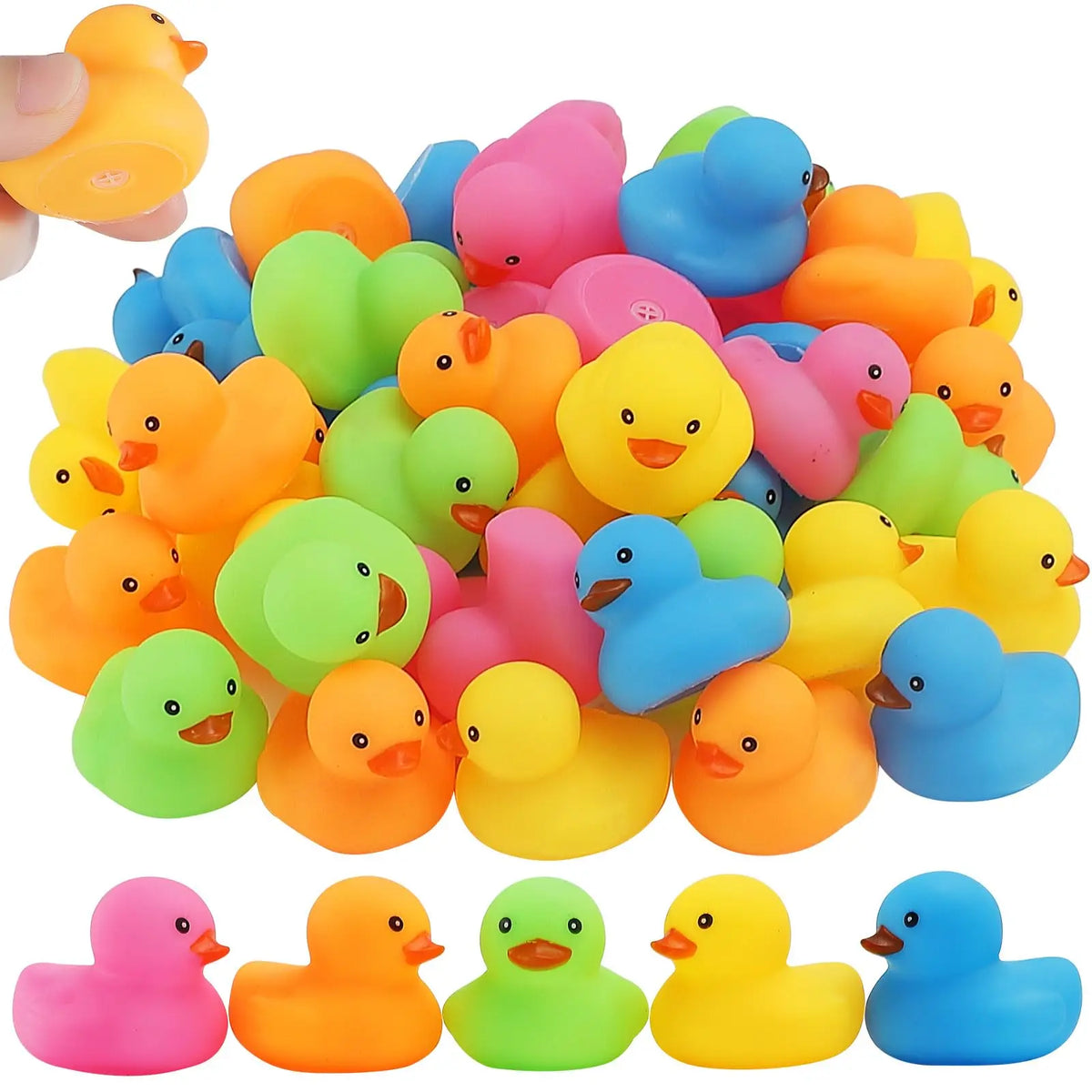 A collection of colorful mini rubber ducks in various shades including yellow, pink, green, and blue.