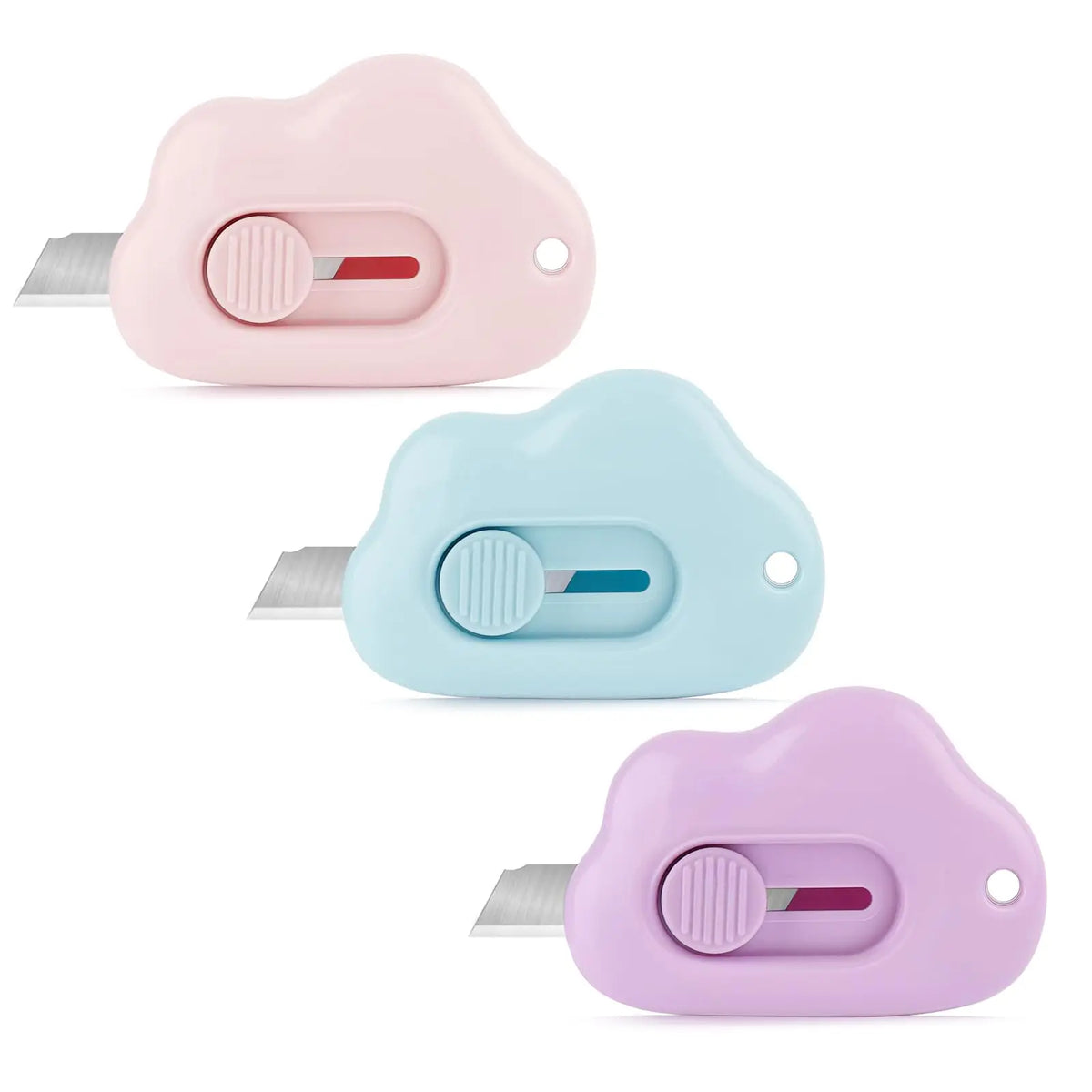 Three cloud-shaped retractable letter openers in pink, light blue, and purple with keychain loops.