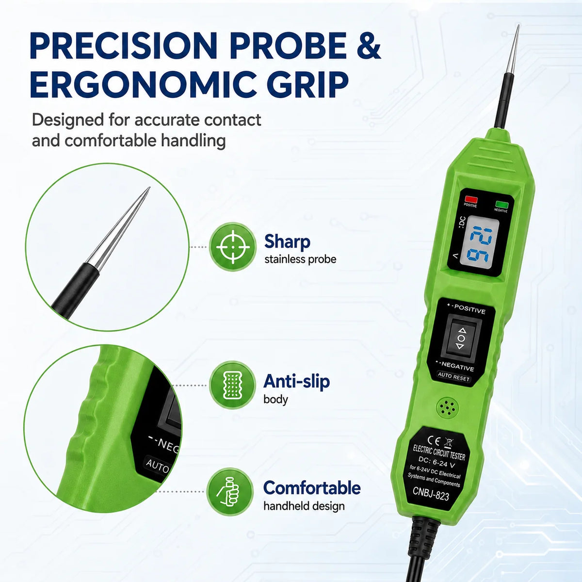 Grüner digitaler Auto-Schaltkreis-Tester-Sonde mit ergonomischem Griff und LED-Spannungsanzeige.