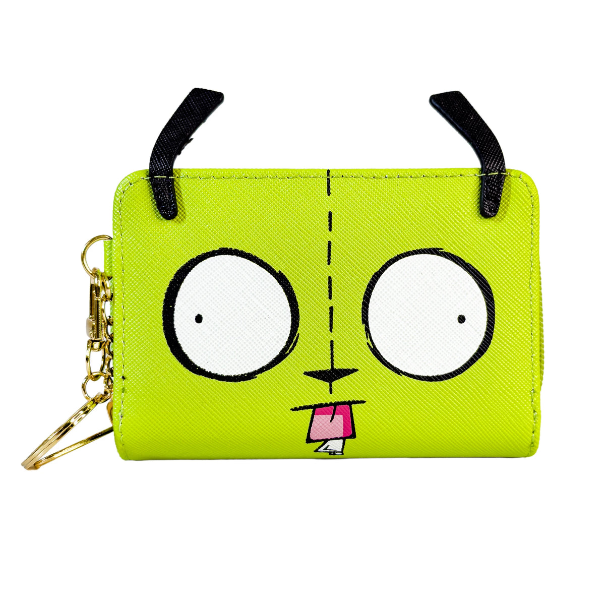 A bright lime green cartoon print compact wallet featuring a large-eyed character face.