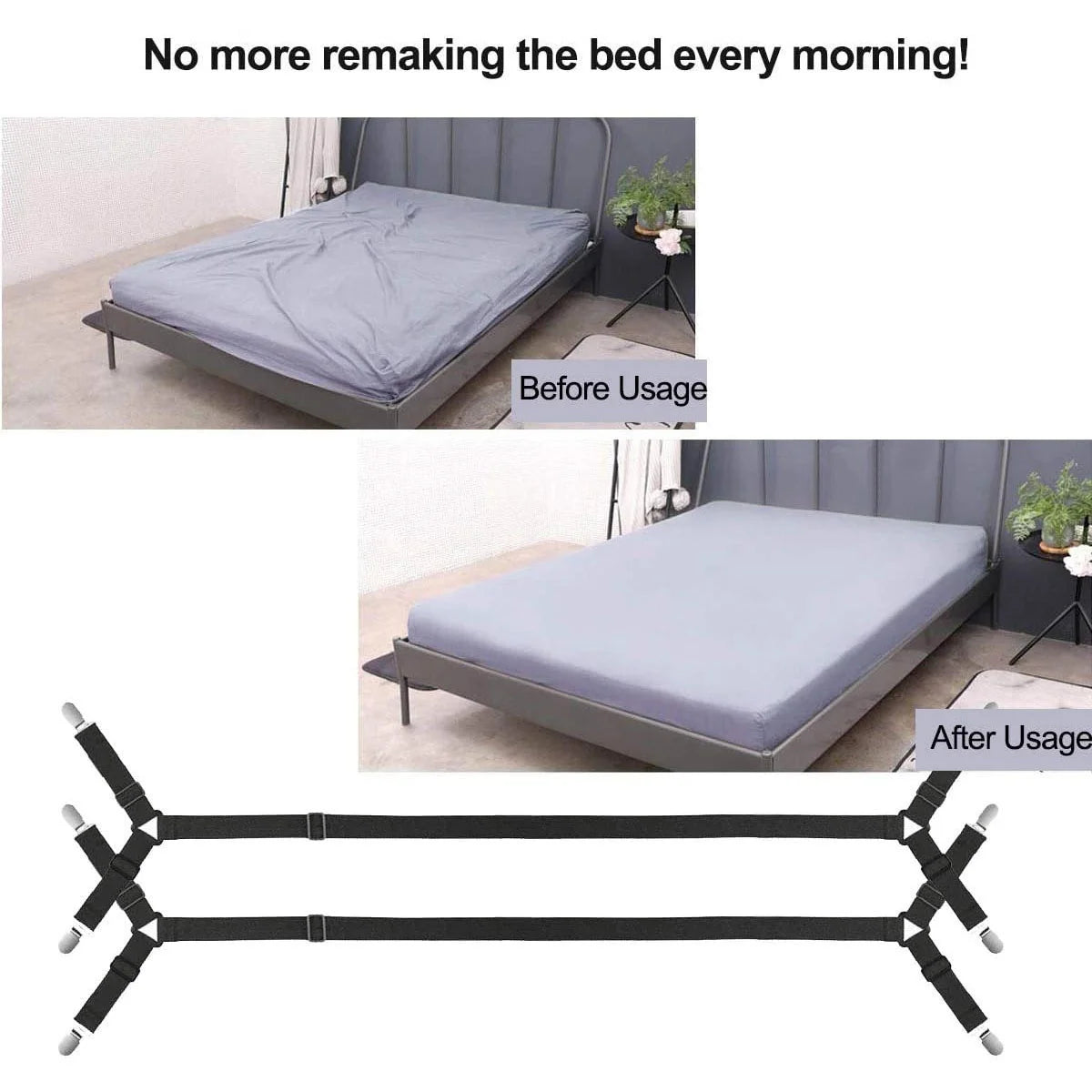 Black adjustable bed sheet holder straps with anti-slip clips shown for use on a bed frame.