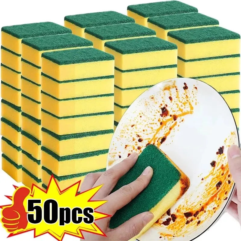A set of 50 green and yellow double-sided cleaning sponges stacked in rows, with a hand holding one sponge next to a plate st