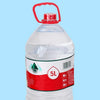 A clear plastic water bottle with a red cap and a red label showing 5L capacity, resting on a blue base.