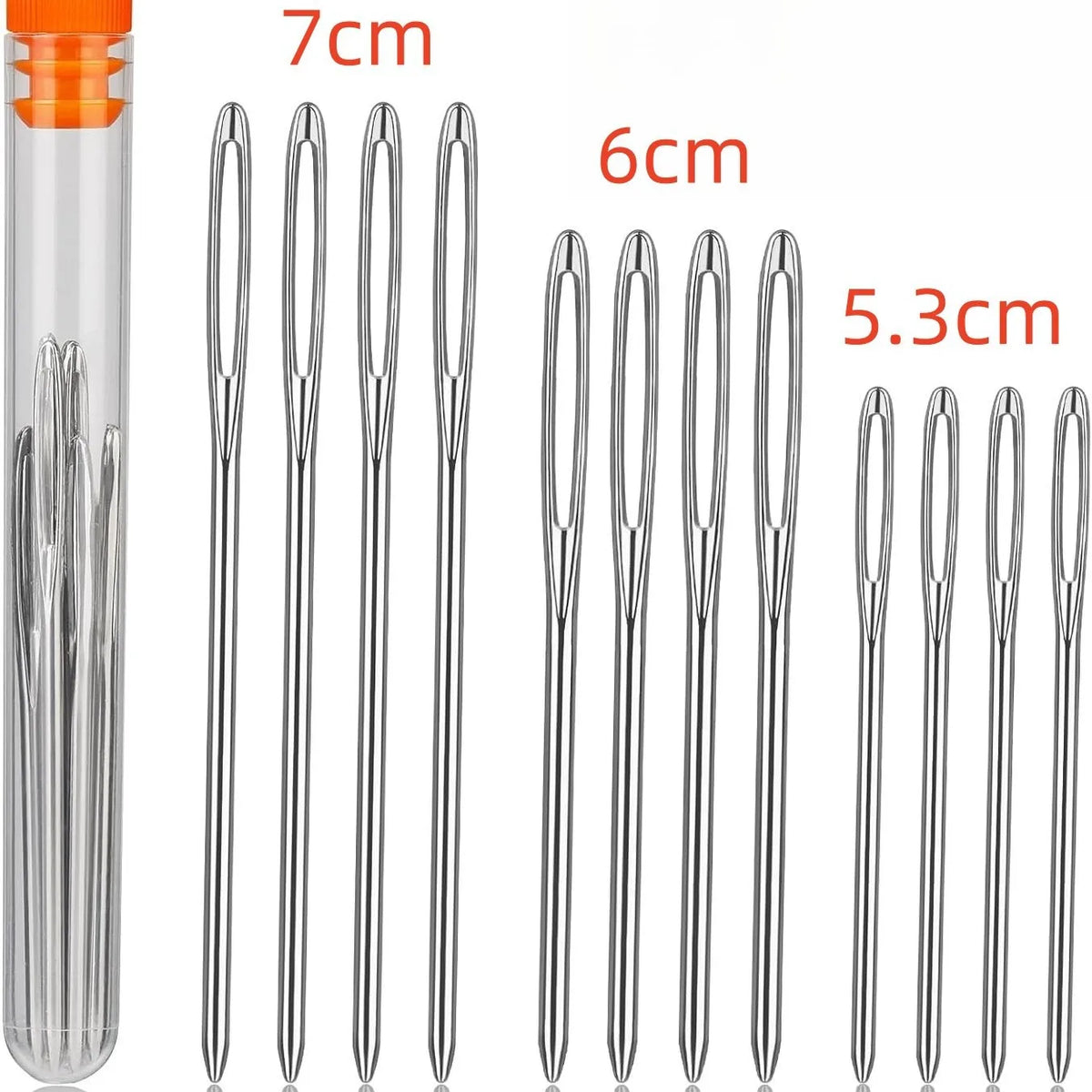 A set of large eye sewing needles with lengths of 7cm, 6cm, and 5.3cm shown vertically.