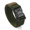 A dark olive green tactical nylon belt with a black metal buckle and woven strap.