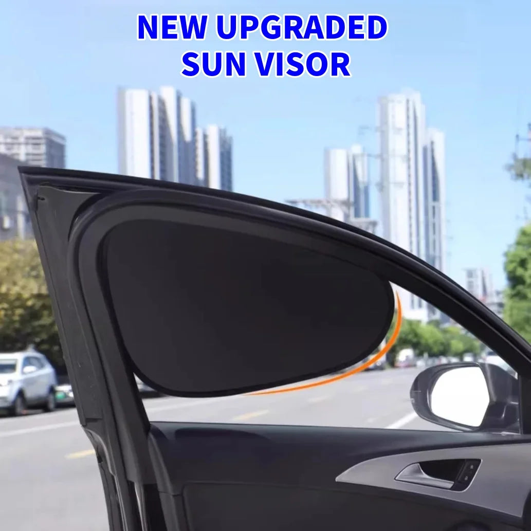 A new upgraded sun visor is shown installed on a car's side window.
