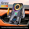 Gray car phone holder with a temperature control display and dual-motor rotating semiconductor cooling feature