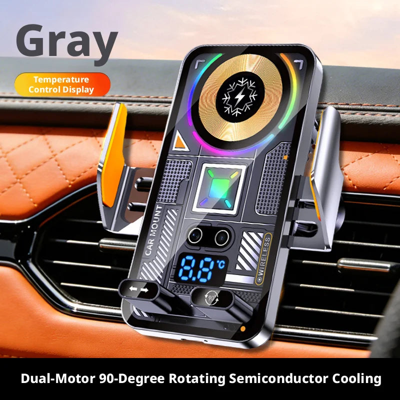 Gray car phone holder with a temperature control display and dual-motor rotating semiconductor cooling feature