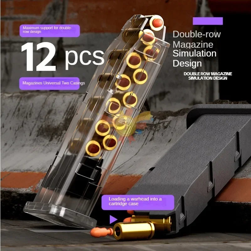 A double-row magazine simulation design for a reusable shell ejecting toy pistol with blowback action.