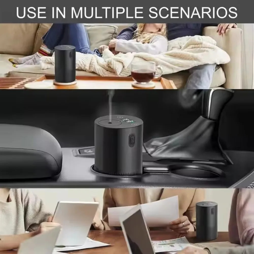 A portable waterless essential oil diffuser is shown in use in multiple scenarios, including on a table and near a person.