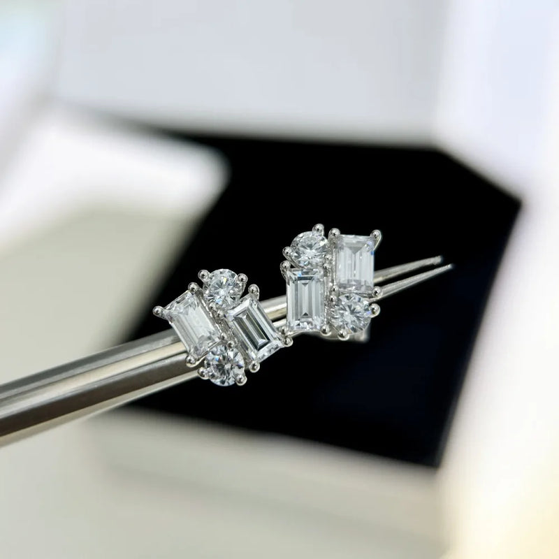 Round & Emerald Cut Moissanite Stud Earrings in Sterling Silver