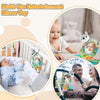 A multi-use entertainment mirror toy for babies, shown in use with a baby car seat and a parent.