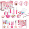 A pink and purple pretend play makeup kit for kids featuring various cosmetic items like lip glosses, eyeshadows, and blush.