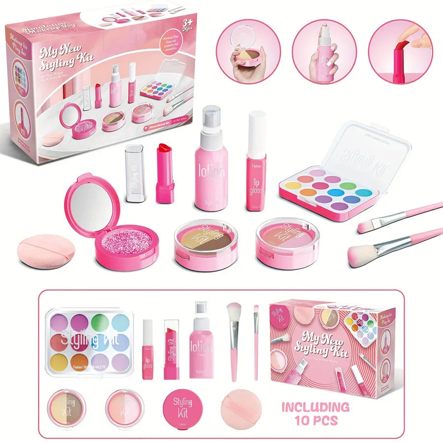 A pink and purple pretend play makeup kit for kids featuring various cosmetic items like lip glosses, eyeshadows, and blush.