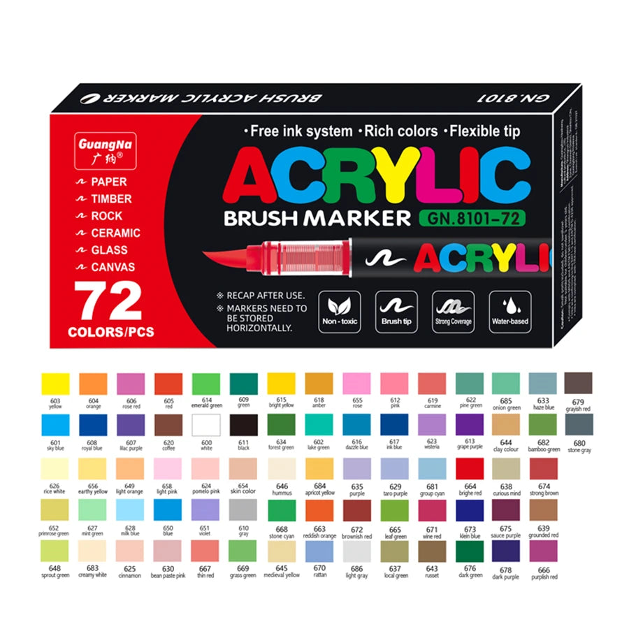 Karton mit 72 Acryl-Pinselmarkern in verschiedenen Farben und Spitzen zum Malen