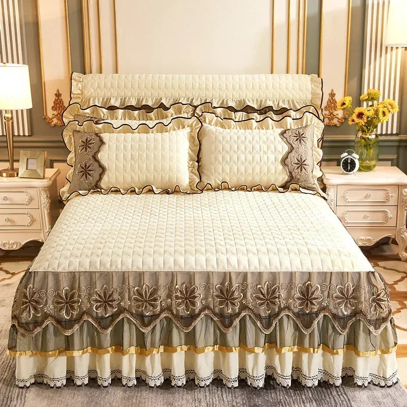 Crystal Velvet Gold Lace Bed Skirt with Anti-Slip Base
