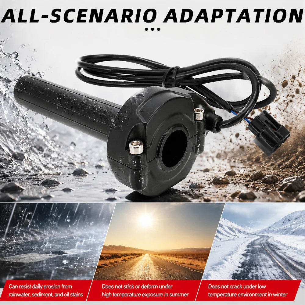 Black electric bike throttle grip for Sur-Ron X/S showing adaptation to various environmental conditions