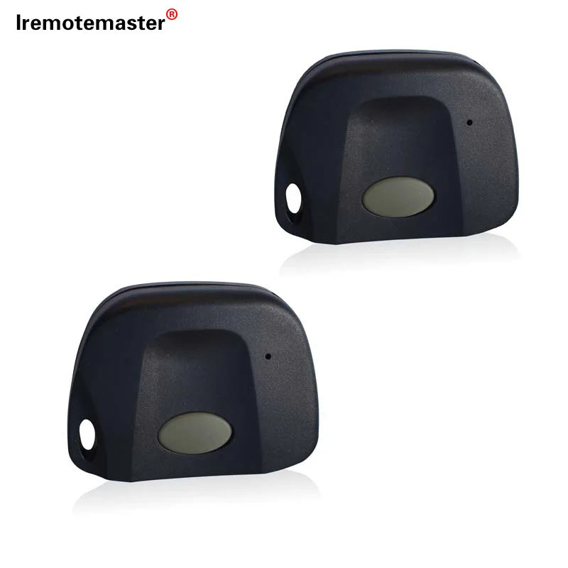A black universal garage door remote control with a rectangular body and a round switch visible from the top.
