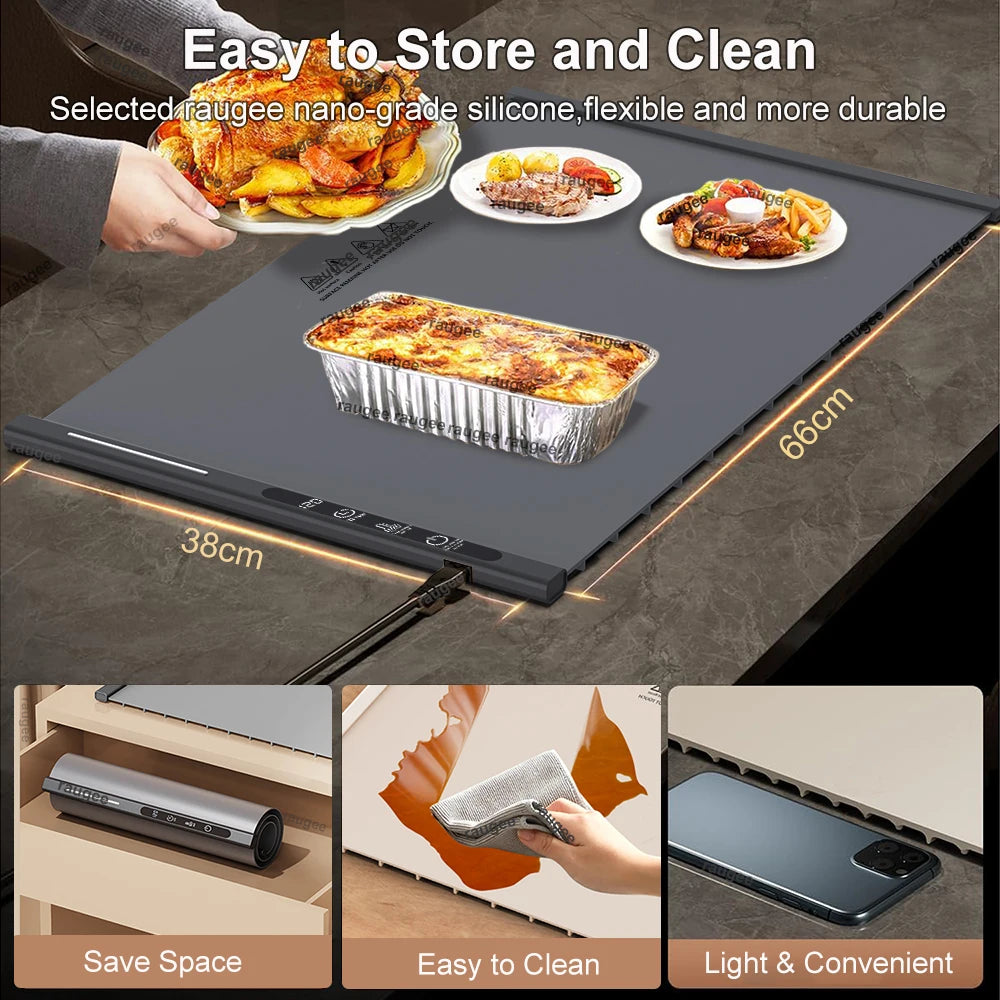 A foldable electric food warming tray is shown with food being cooked on it, demonstrating easy storage and cleaning.