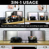 A 3-in-1 foldable stainless steel splatter guard for stovetop shown in various usage configurations.
