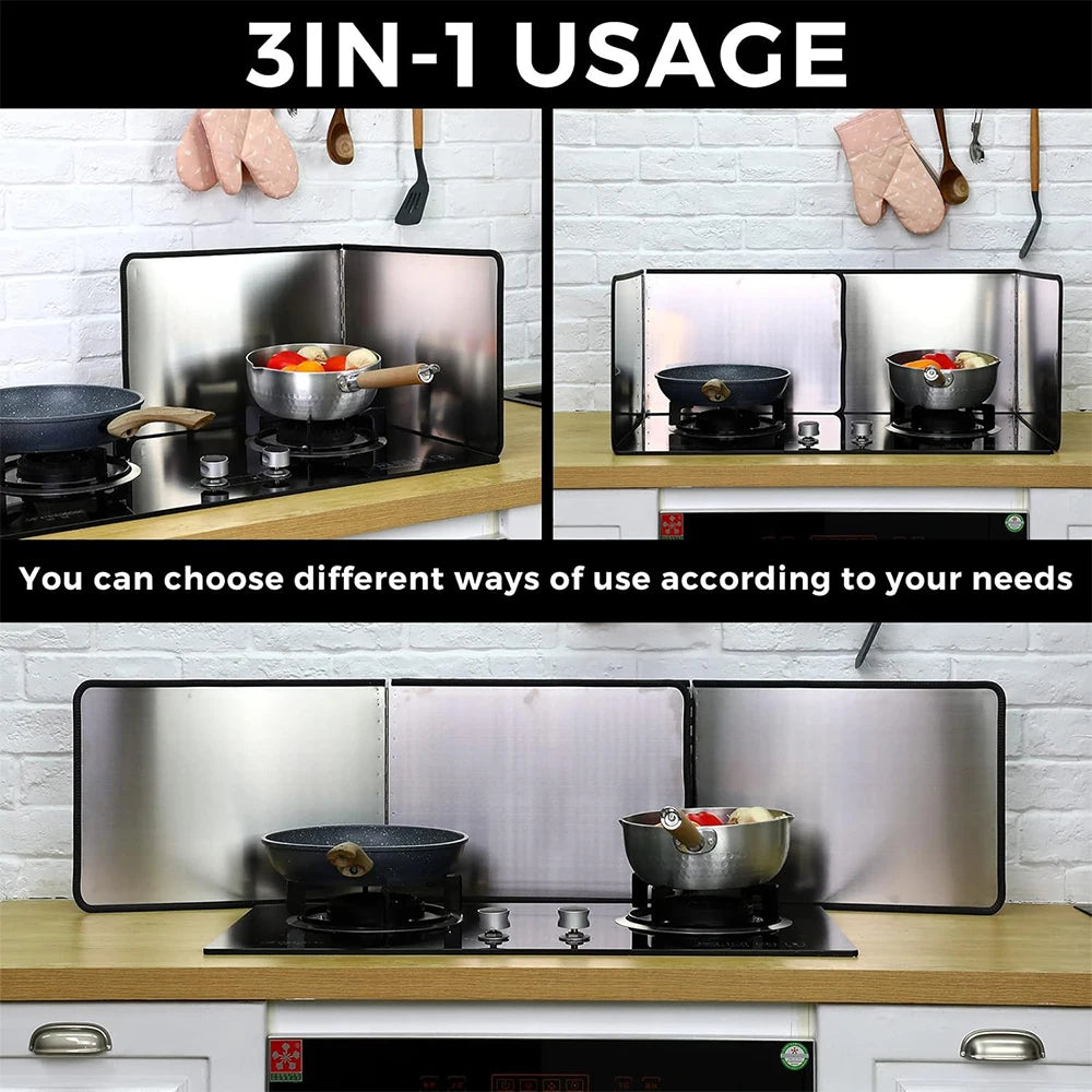 A 3-in-1 foldable stainless steel splatter guard for stovetop shown in various usage configurations.