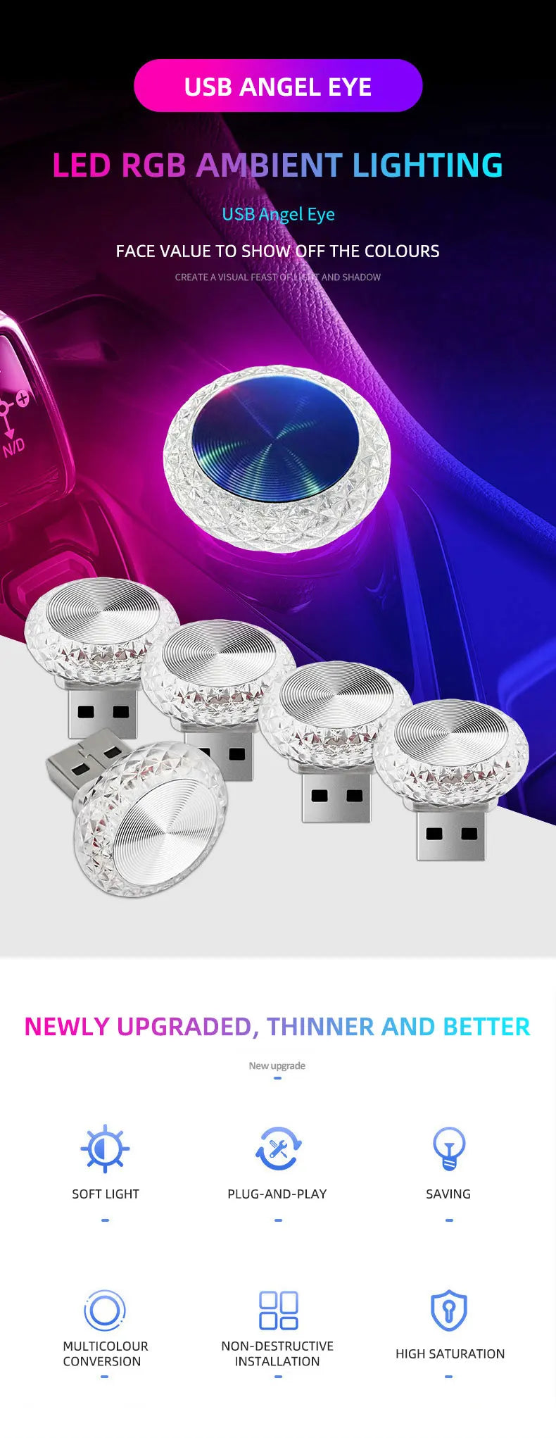 A collection of USB Angel Eye LED ambient lights for car interior and PC, showing various mounting options.