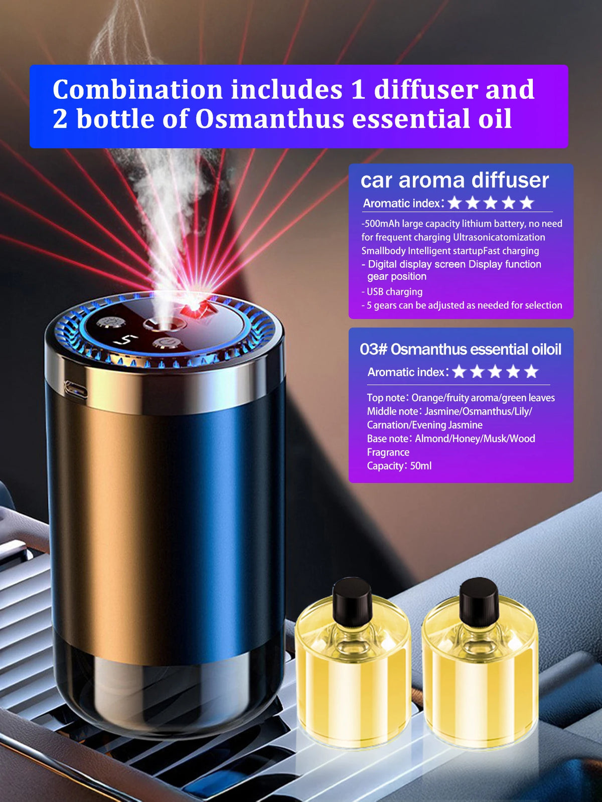 Diffuseur d'arôme portable USB pour voiture avec éclairage LED et deux flacons d'huile essentielle d'Osmanthus.
