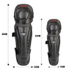 Black impact-resistant motorcycle knee and elbow protective pads shown with dimensions.