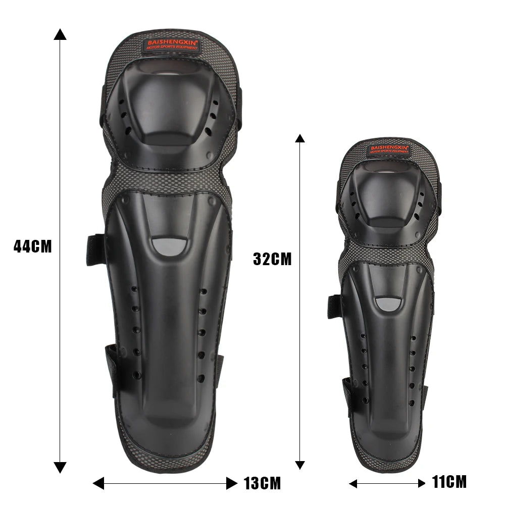 Black impact-resistant motorcycle knee and elbow protective pads shown with dimensions.