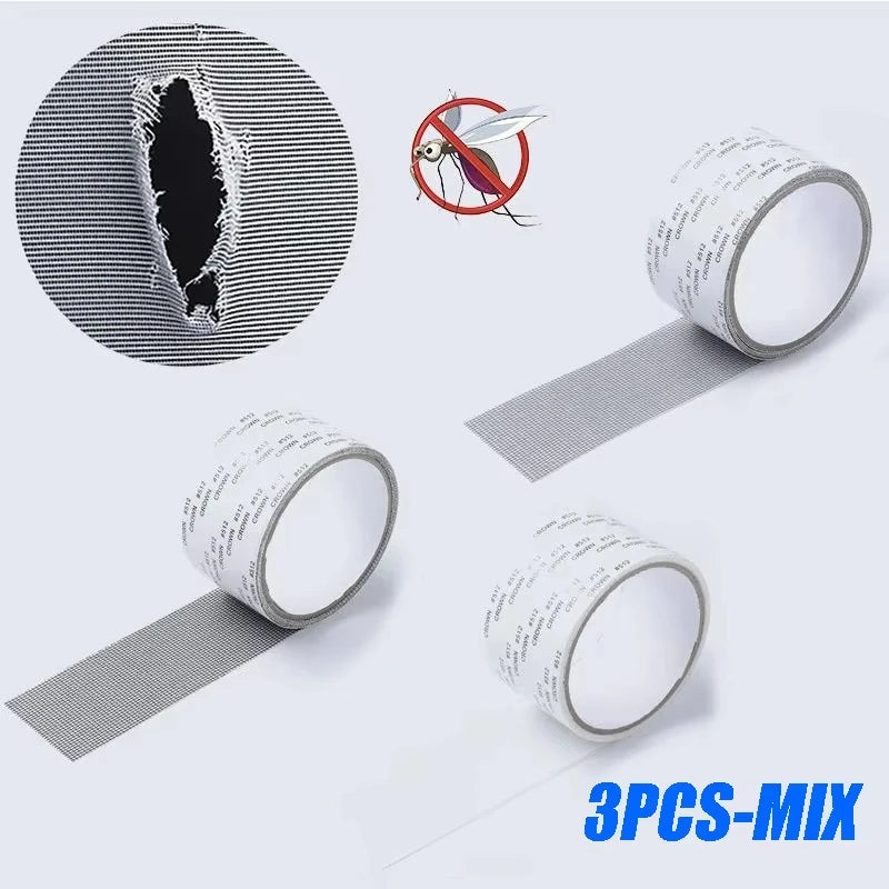 Three rolls of self-adhesive window screen repair tape for patching mosquito mesh holes.