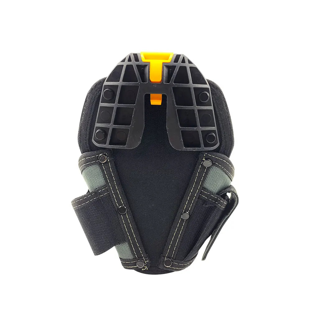 Black heavy-duty drill holster with a yellow belt hub and adjustable strap.