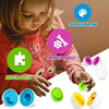 A young girl is sorting colorful Easter egg shape puzzle toys on a white surface.