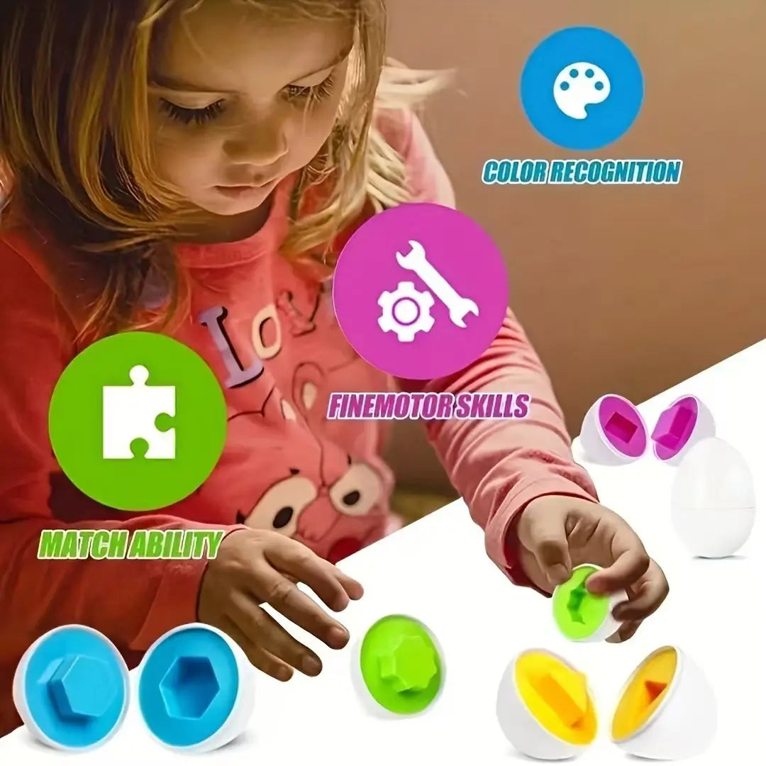 A young girl is sorting colorful Easter egg shape puzzle toys on a white surface.
