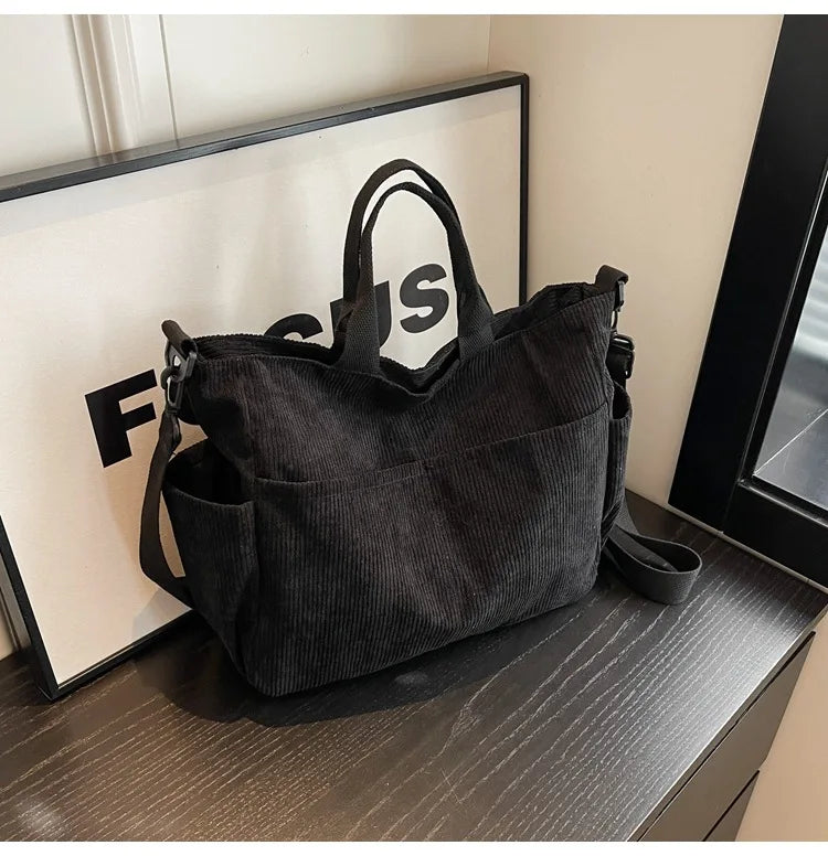Multi-Pocket Corduroy Tote Bag – Large Capacity Casual Satchel for Travel, Work & Commute