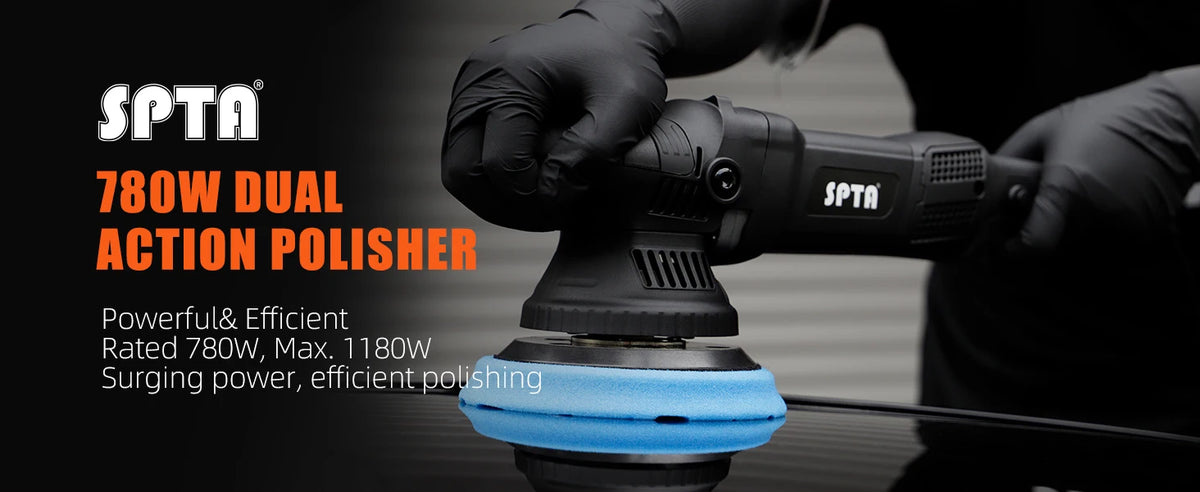 A hand in a black glove is operating an SPTA 780W dual action polisher on a surface.