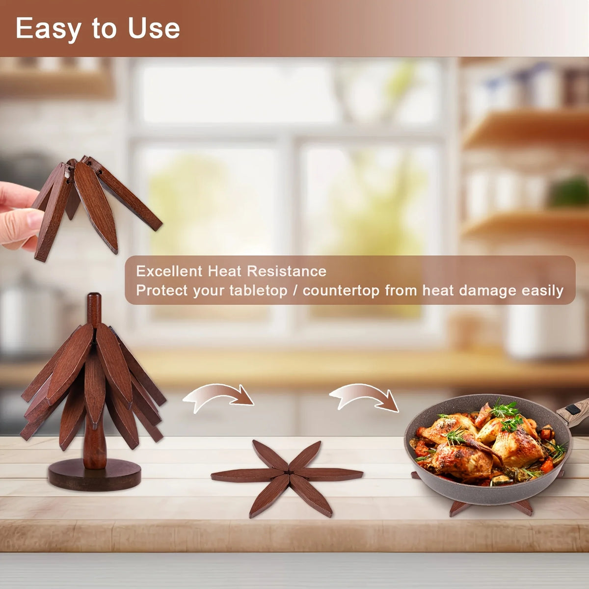 Wooden tree design coasters and folding placemats shown on a wooden table with a pan of food.
