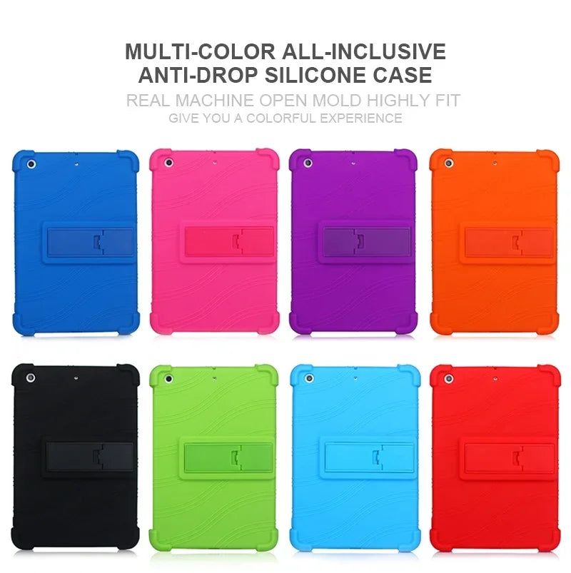 A collection of multi-color silicone anti-drop cases with kickstands for an iPad Mini.