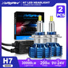 Two XSTORM H7 LED headlight bulbs with blue and silver bases shown next to their packaging.