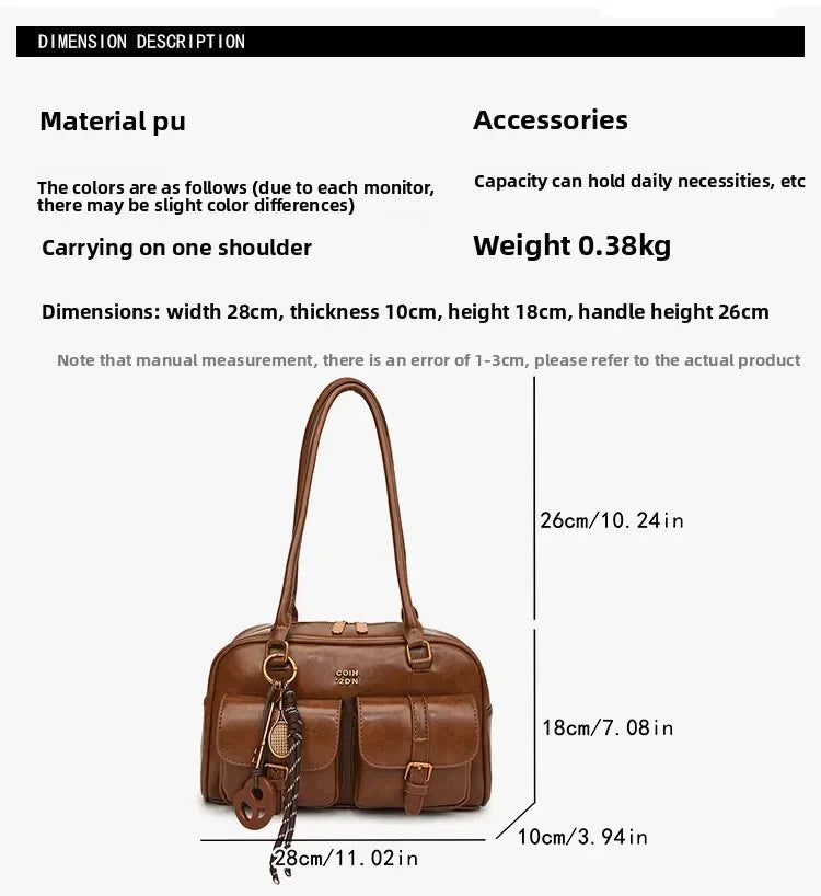 Women's Retro PU Leather Shoulder Bag with Multiple Pockets & Detachable Charm